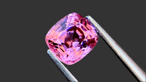 High lustre light pink cushion-cut spinel gemstone, ethically sourced from Mogok, supplied by a UK-based supplier for luxury fine jewellery.