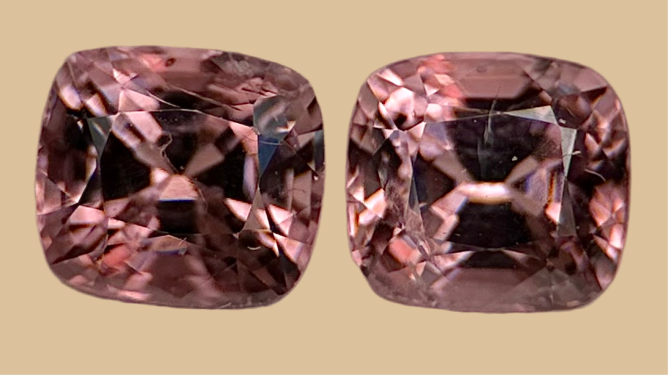 Matching pair of 2.49ct brown natural spinel gemstones, rare colour, perfect for custom earrings or couple rings, featuring modern, unique gemstones with brilliant sparkle