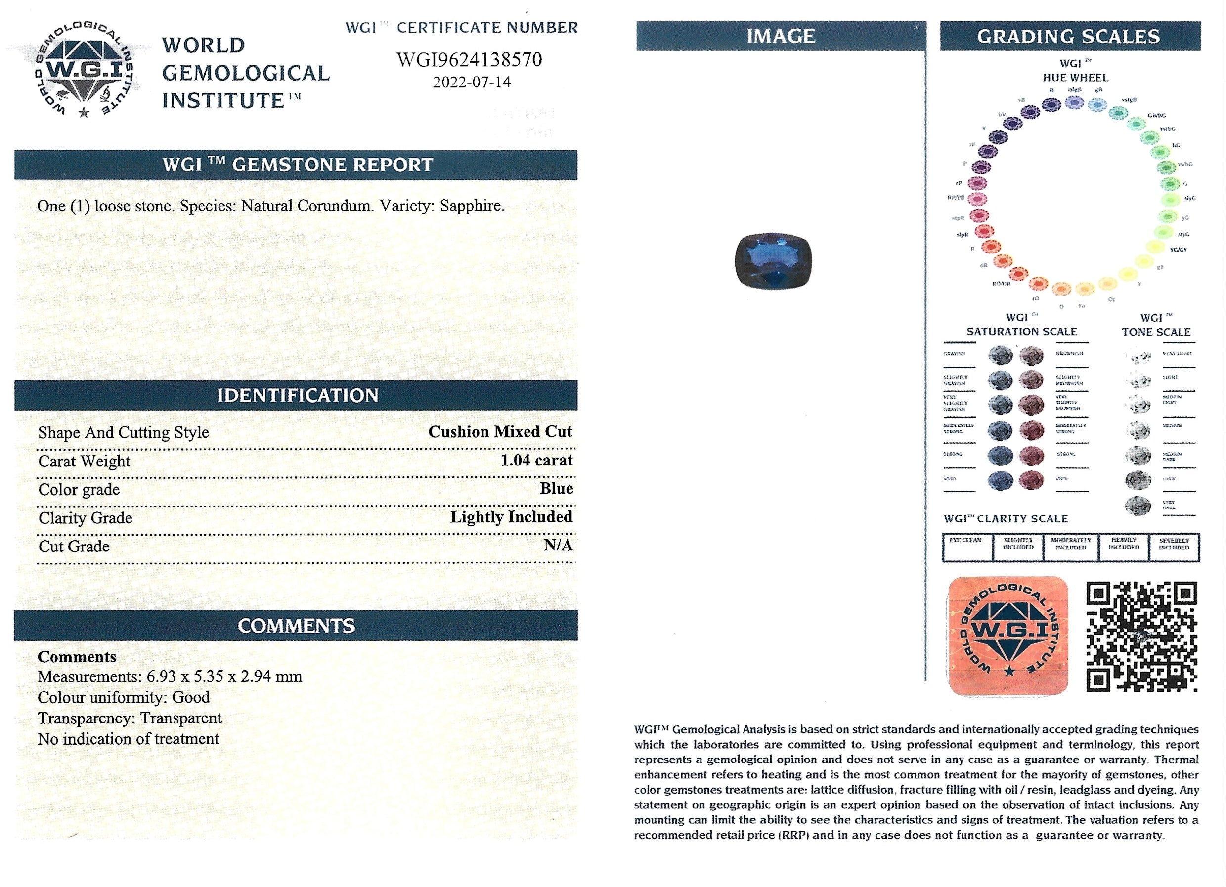 Certificate of Untreated Burmese Blue Sapphire 1.04ct